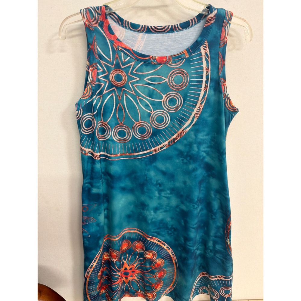 Teal Tie Dye Mandala Print Sleeveless Shift Dress with Pockets Boho Mini